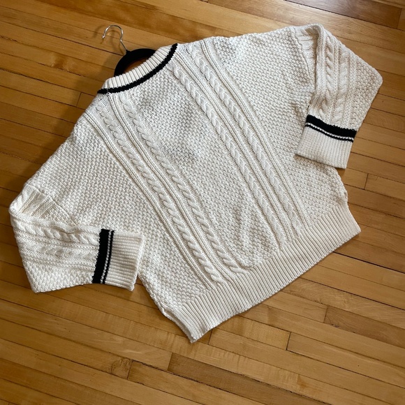 ABERCROMBIE & FITCH Tipped Slouchy Cable V-Neck Sweater Chunky Boxy Fit Preppy - Picture 8 of 12